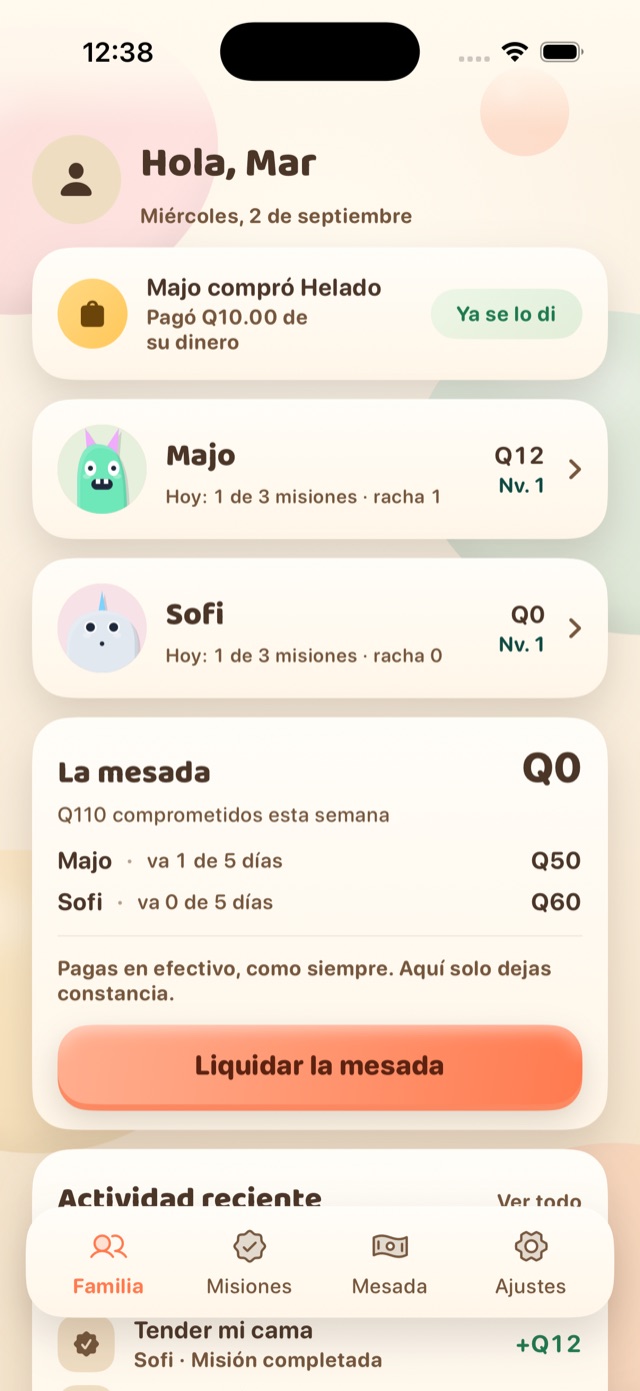 Family screen: Majo with 1 of 3 missions, the week's allowance and recent activity