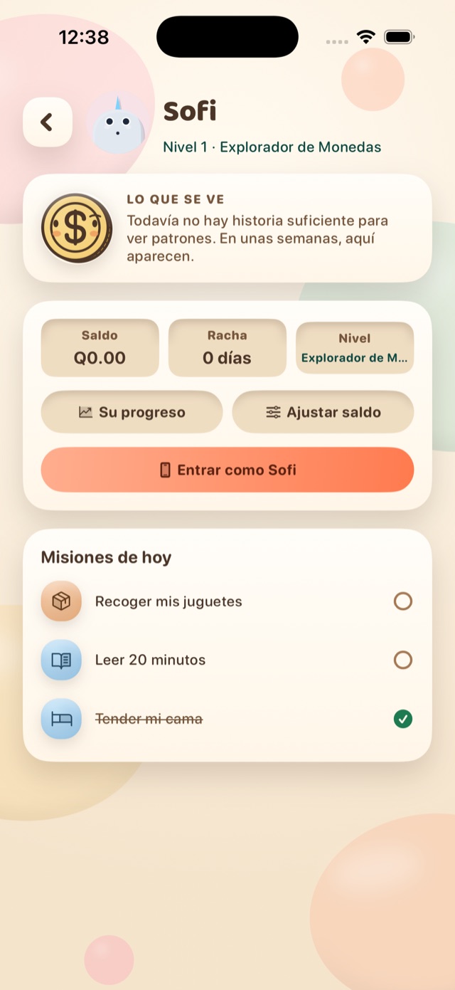 Majo's card: balance, streak, level, her progress and the Enter as Majo button