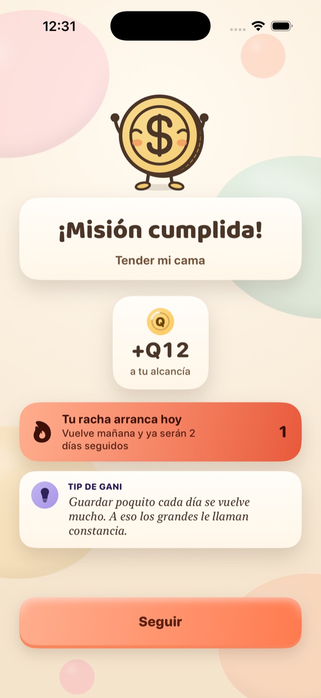 Mission completed celebration: +Q12 to your piggy bank and a one-day streak