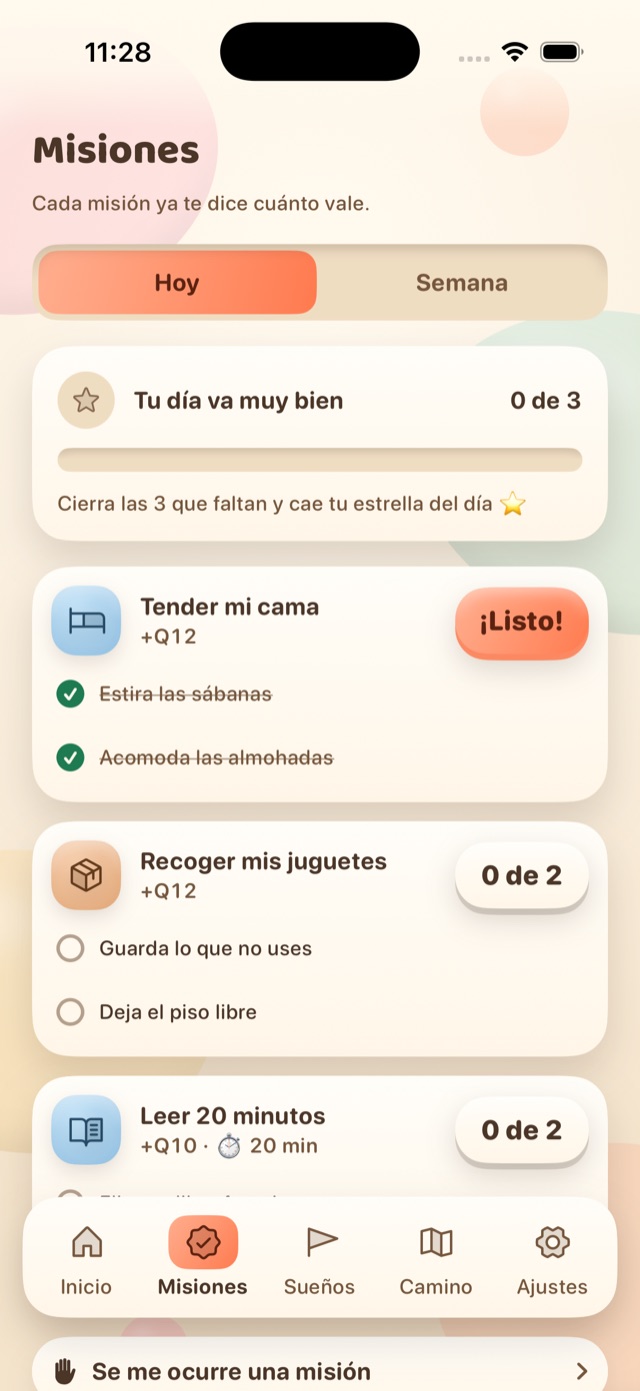 Missions screen: Make my bed with two steps ticked and the Done button